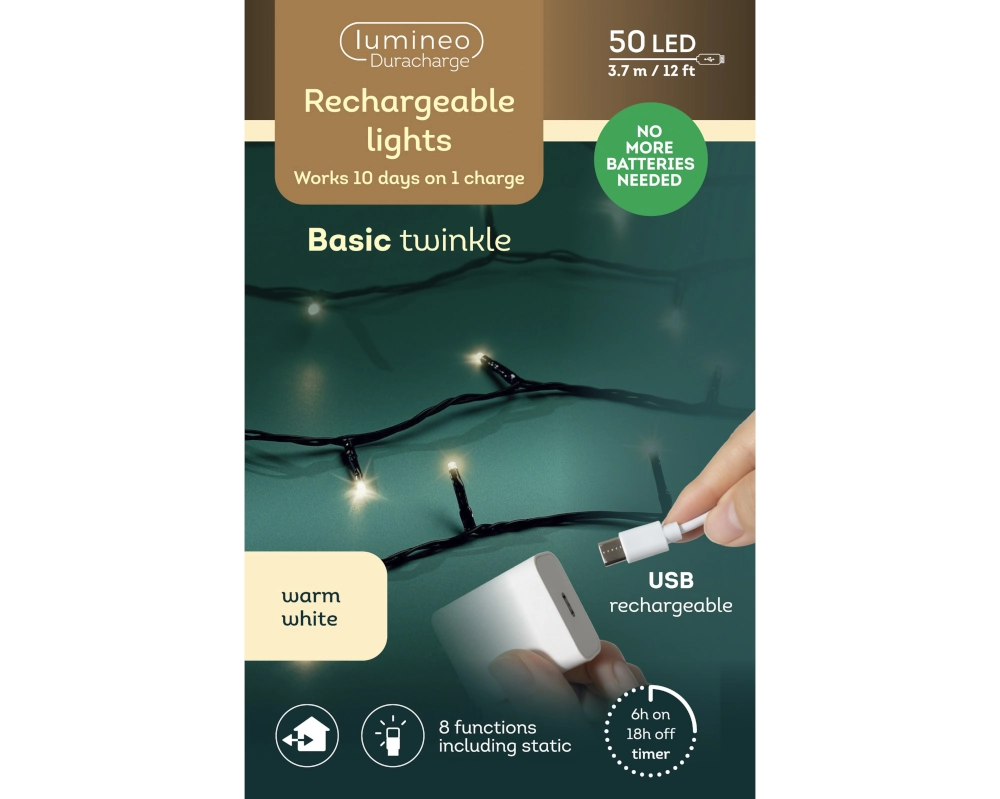 LUMINEO LED-Lichterkette 'Basic', akkubetrieben, warmweiß, 50 LED, 370 cm Cover