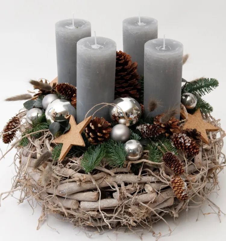 Großer Exklusiver Adventskranz, ca. Ø40 cm, grau - Gallerie Bild 1
