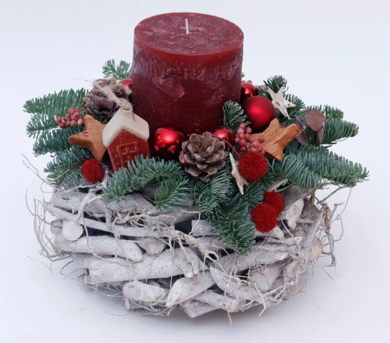 Adventsgesteck im Pflanzkorb, ca. Ø25 cm, rot - Gallerie Bild 1