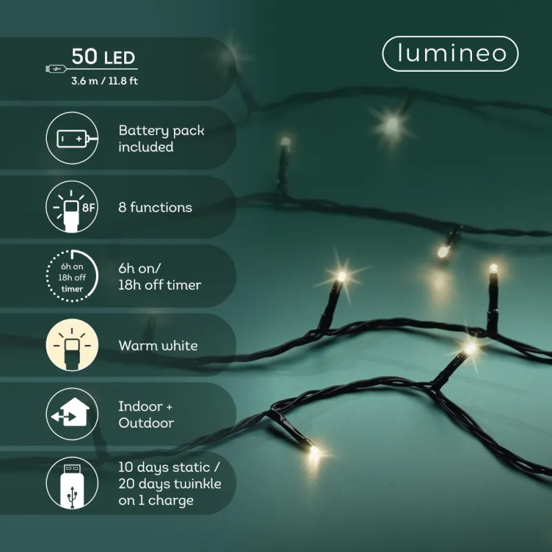 LUMINEO LED-Lichterkette 'Basic', akkubetrieben, warmweiß, 50 LED, 370 cm - Gallerie Bild 4